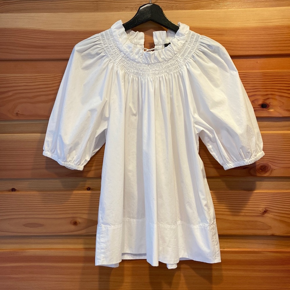 J Crew Ruffle Neck short sleeve cotton blouse size md white